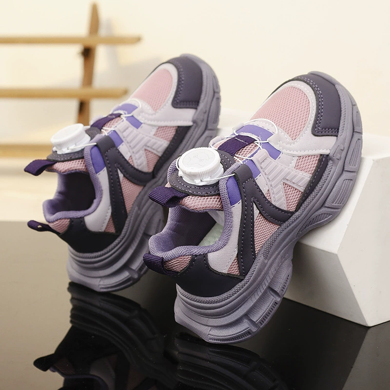 Сетчатые кроссовки для девочек 2024 осень новая вращающаяся пуговица с толстой подошвой дышащая детская корейская версия повседневной обуви папы