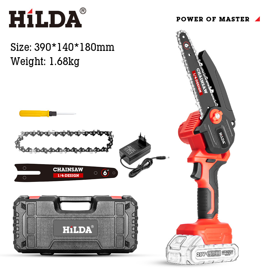 HILDA transfronterizo inalámbrico de 4 pulgadas sierra de cadena eléctrica mini Sierra de carpintería Sierra de cadena eléctrica de litio Sierra de registro de herramientas de jardín comercio exterior