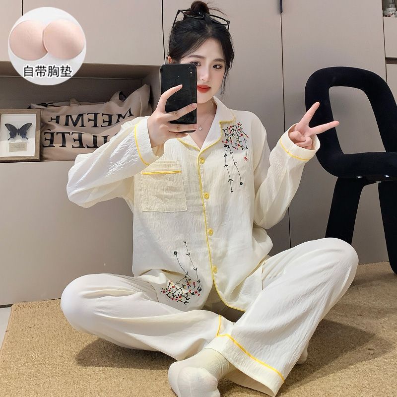 新中式睡衣女春秋季新款带胸垫云朵棉刺绣开衫长袖宽松家居服套装|undefined