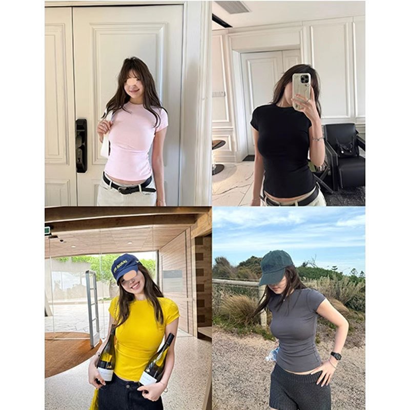 cookadaily Mermaid New Style Korean Style Shoulder Style Immortal All-match Simple Round Neck Slim-fit Knitted Short-sleeve T-shirt