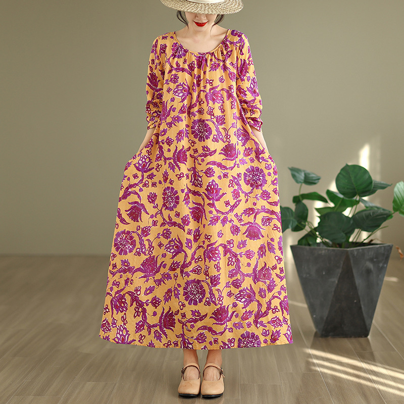 Real Shot of 2025 Autumn New Style Round Neck Ruched Loose Lazy Dress Minimalist Long-Sleeve Ultra-Long Dress Vacation Style