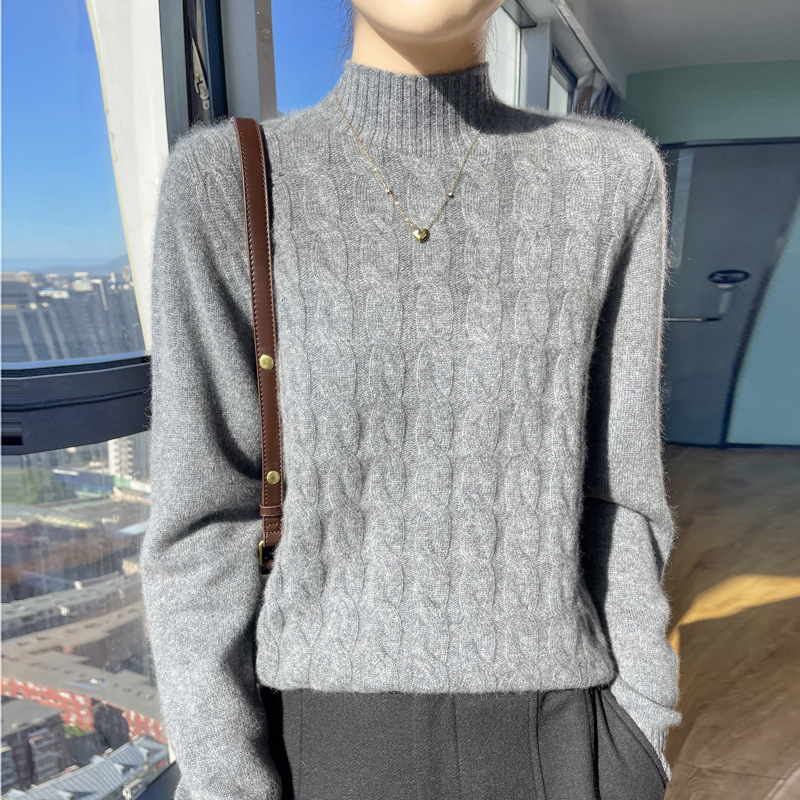 Autumn and winter new semi-high collar first-line jacquard sweater women's loose pullover twist sweater seven-pin thick base shirt Autumn and winter new semi-high collar first-line jacquard sweater women's loose pullover twist sweater seven-pin thick base shirt