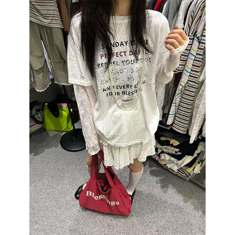 Fake Two-Piece Color-Block Lace Trim Loose Round Neck Top 2026 Summer Korean Style Embroidered Patchwork Sun Protection Plus Size T-Shirt Fake Two-Piece Color-Block Lace Trim Loose Round Neck Top 2026 Summer Korean Style Embroidered Patchwork Sun Protection Plus Size T-Shirt