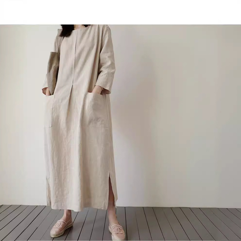 Korean chic Cotton Linen Dress Women's Midi Korean Style Loose Large Size Fashionable Large Pocket Linen Casual Dress