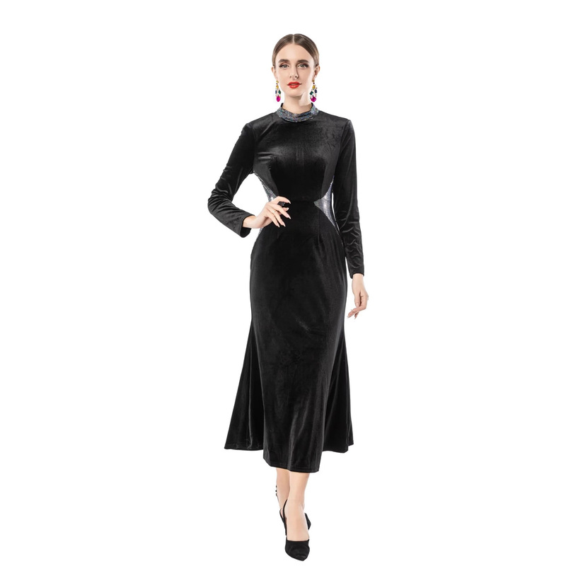 Cross-Border High-End Black Velvet Slim Long Skirt, Rhinestone Cut Out Decorative High-Neck Skirt, Party Work Clothing Elegant Dress