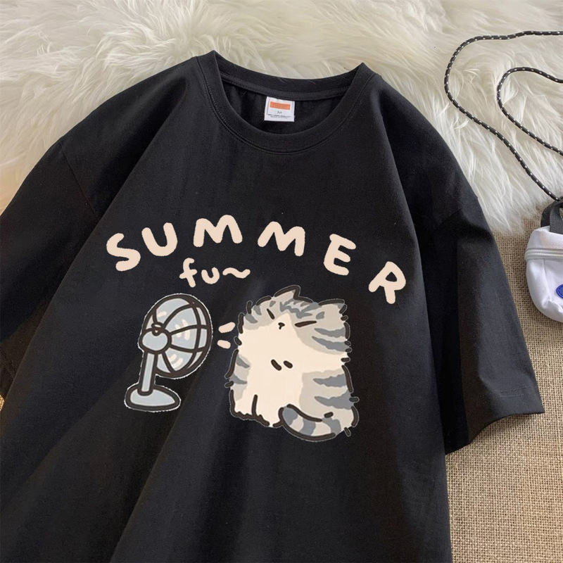 Taiwan Cross-Border Summer New Style Printed Letter Cat T-Shirt for Men and Women, Round Neck, Loose Casual Korean Style