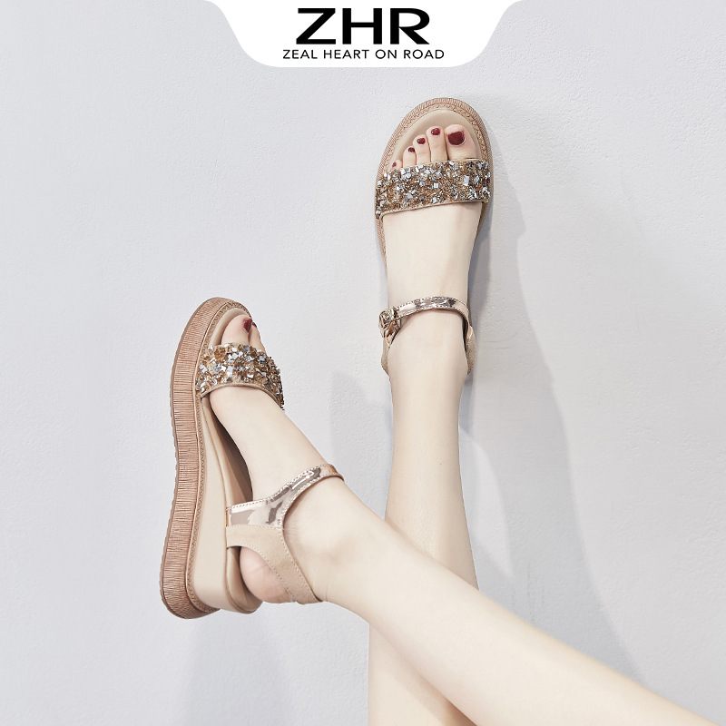 Giày sandal đế xuồng nữ đính đá thời trang — M298 màu đen