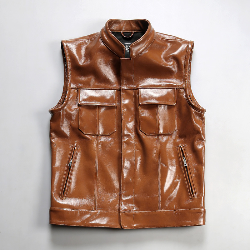 Motorcycle Genuine Leather Vest for Men and Women with Stand Collar and Multiple Pockets, Harley Club Heavy Oil Wax Cowhide Vest