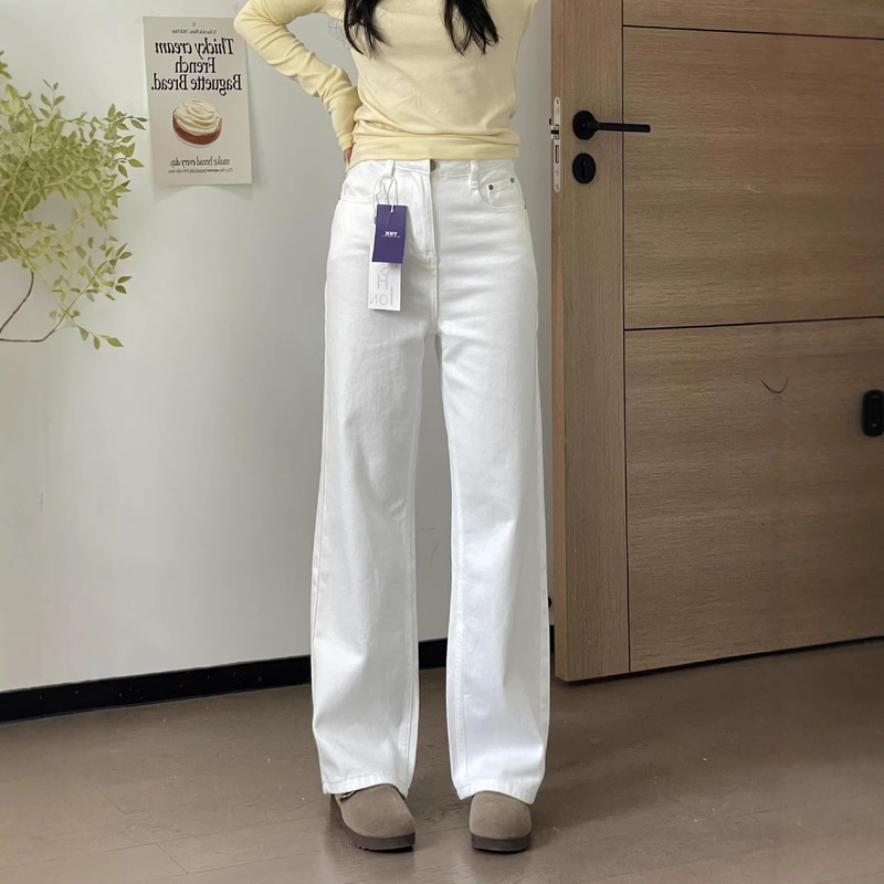 Popular Ykk Zipper Pure Cotton White Narrow Wide-Leg Jeans for Women, Loose Fit, Slimming, Suitable for Petite Pear-Shaped Body Types Popular Ykk Zipper Pure Cotton White Narrow Wide-Leg Jeans for Women, Loose Fit, Slimming, Suitable for Petite Pear-Shaped Body Types