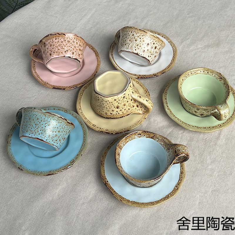 Japanese Retro Matte Afternoon Tea Coffee Cup and Saucer, High-Looking and Unique Cup with Underglaze Color