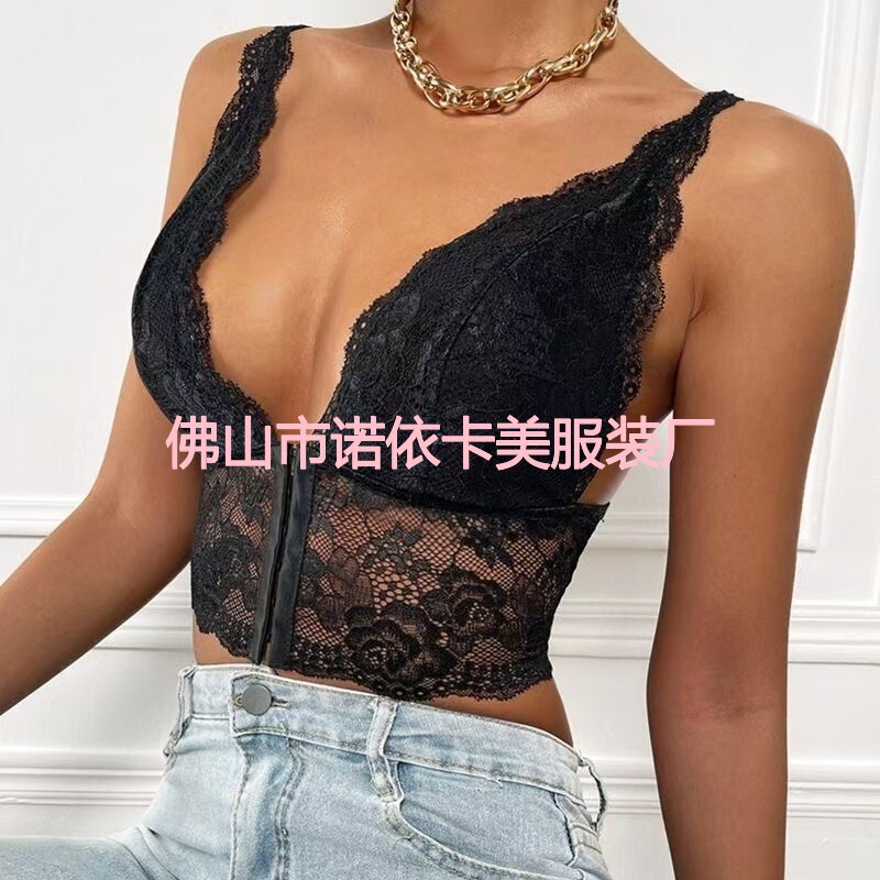 24 Cross-border European and American Hot Selling Amazon Sexy Lingerie Front Buckle Lace Spice Girl Perspective Sling Small Vest