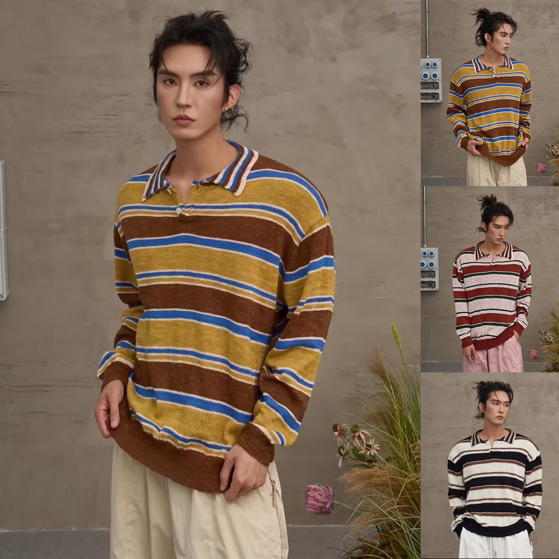 Autumn and Winter New Long-Sleeved Knitwear Men's Retro Stripesd Contrast Polo Shirt Lapel Business Trendy Export Cross-Border Wholesale Autumn and Winter New Long-Sleeved Knitwear Men's Retro Stripesd Contrast Polo Shirt Lapel Business Trendy Export Cross-Border Wholesale