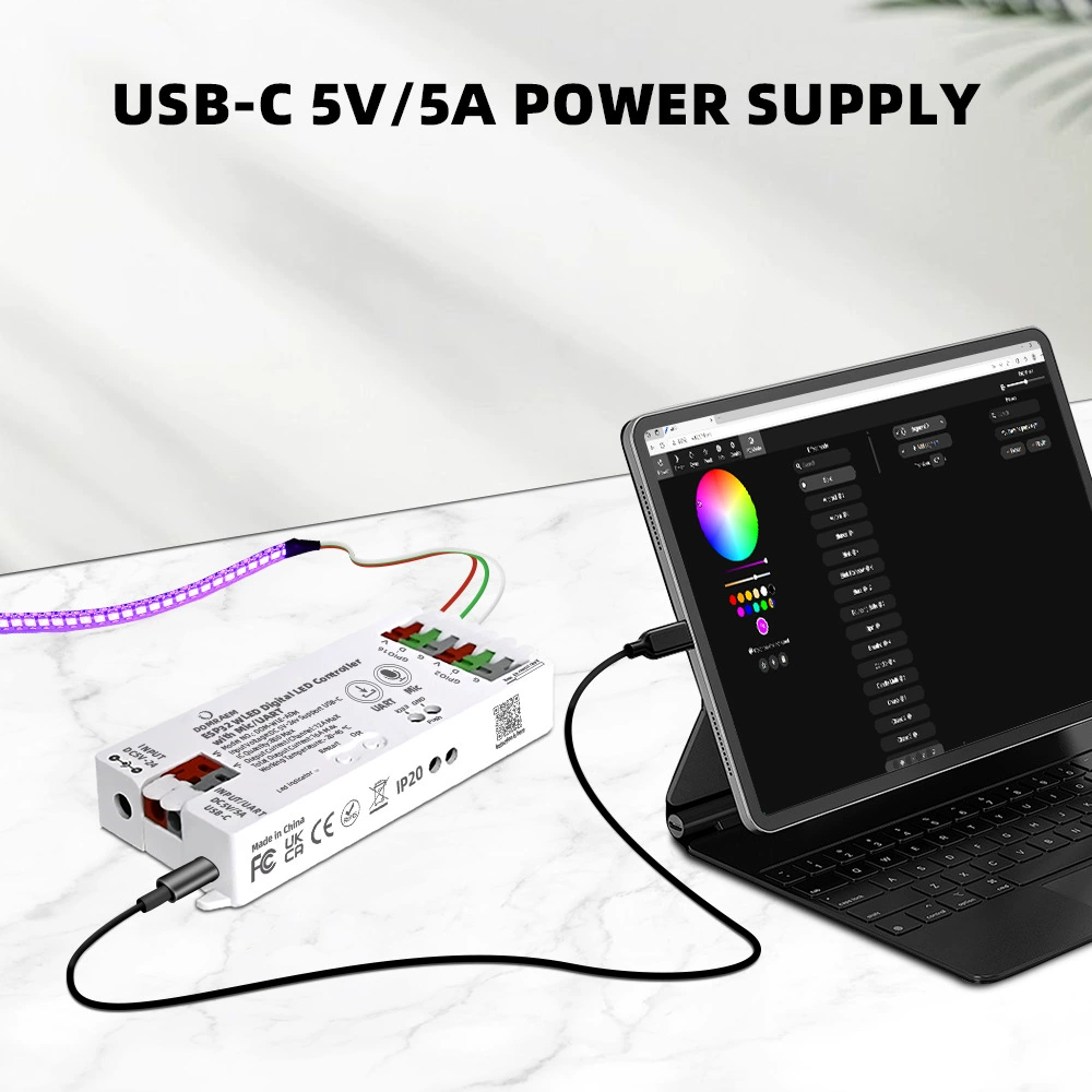 Контроллер Dingyun Technology на ESP32 с микрофоном, питание Type-C, SPI адресуемая лента WS2811, интеллектуальное затемнение