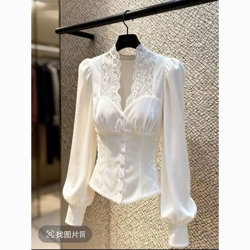 High-End Chic Tops with a Stunning, Sophisticated Look and Elegant Vibe, Waist-Cinching Lace Patchwork White Velvet Shirt for Winter