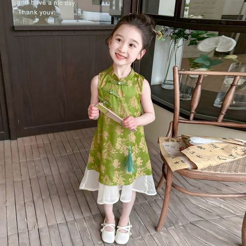 Green Chinese-style Pankou Cheongsam Dress 2024 Summer New Trendy Fashion Children's Dress for Girls Baby