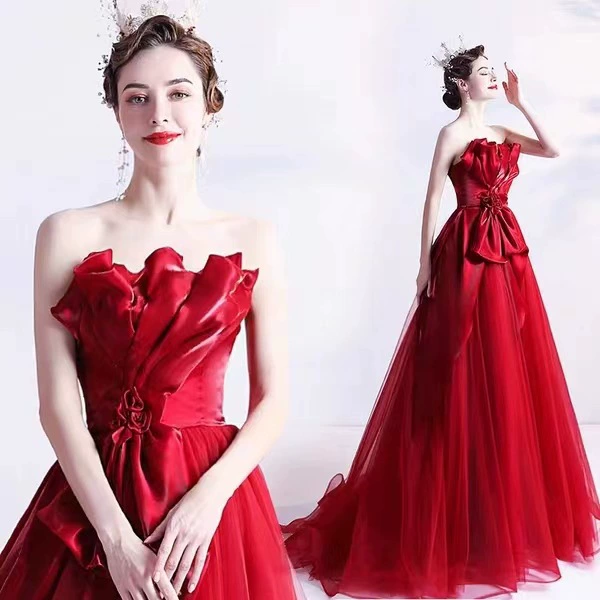 Красное вечернее платье для женщин 2025 новый стиль, подарок для ведущей, пышное платье, заподлицо без бретелей, кружево, для женщин