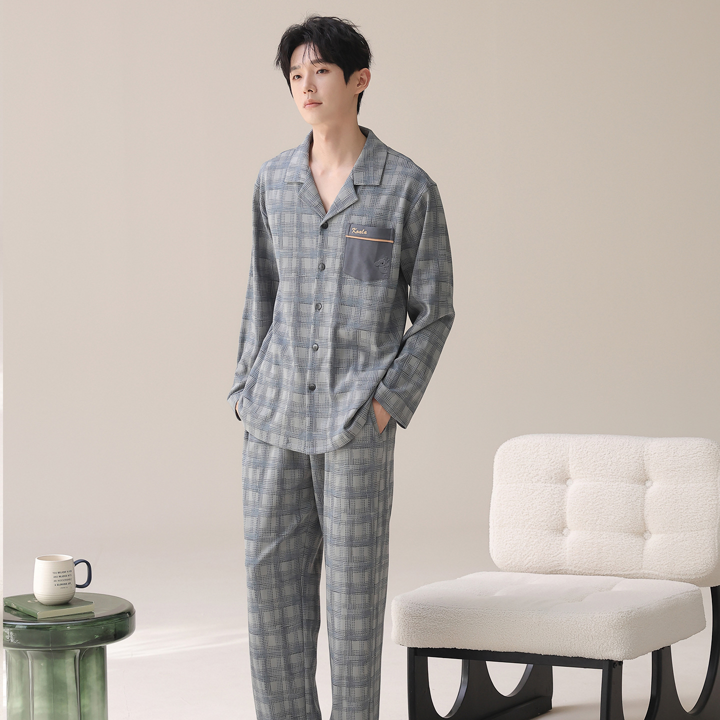 100% Cotton Men's Pajamas Korean Style High-End New Cardigan Lapel High-End Long-Sleeved Pants Home Wear Set
