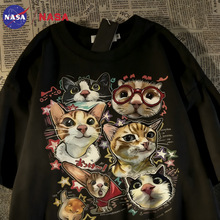 NASA联名复古趣味卡通猫咪休闲短袖t恤男女学生夏季宽松半袖上衣