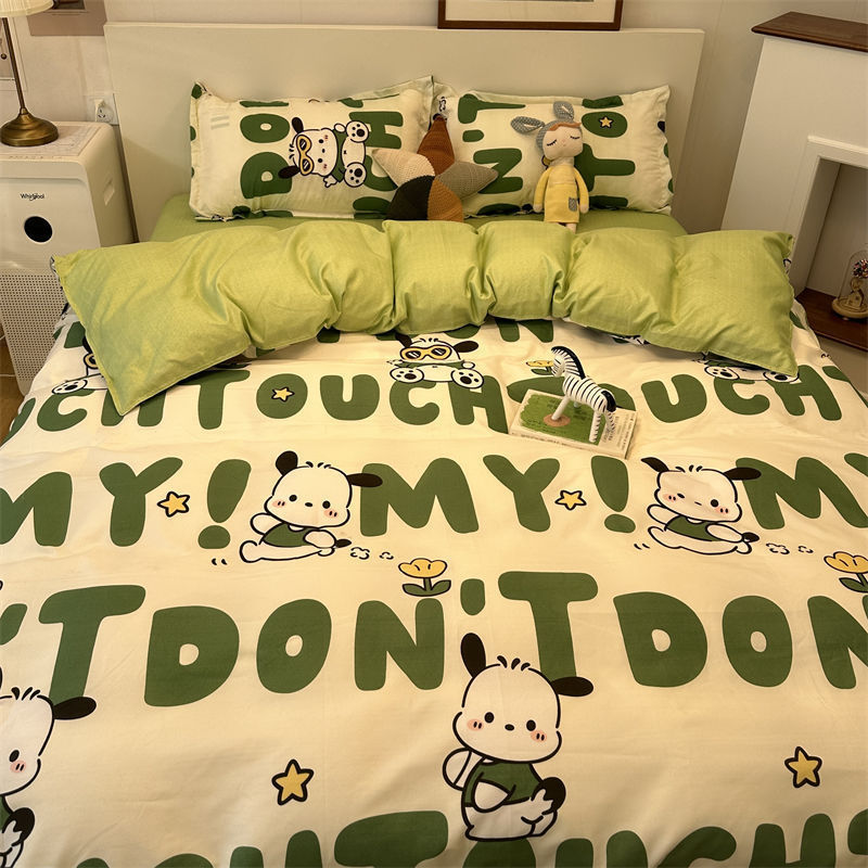 Cartoon ins Small Fresh Letter Dog Carmly Wind Water Wash Cotton Bed Sheet Quilt Cover Four-piece Set Single Three-piece Set