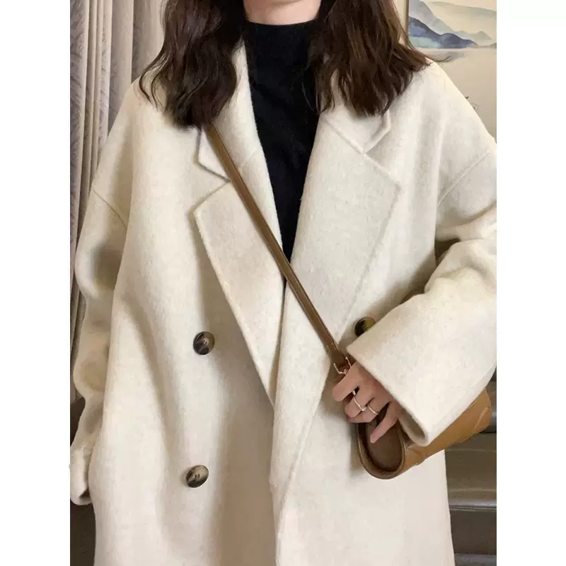 轻奢毛呢大衣女冬高端双面呢燕麦色呢外套女小个子2023秋冬新款女