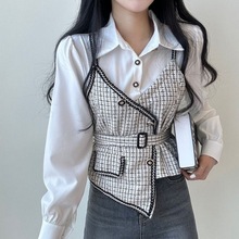 现货 小众系带收腰撞色长袖衬衫上衣