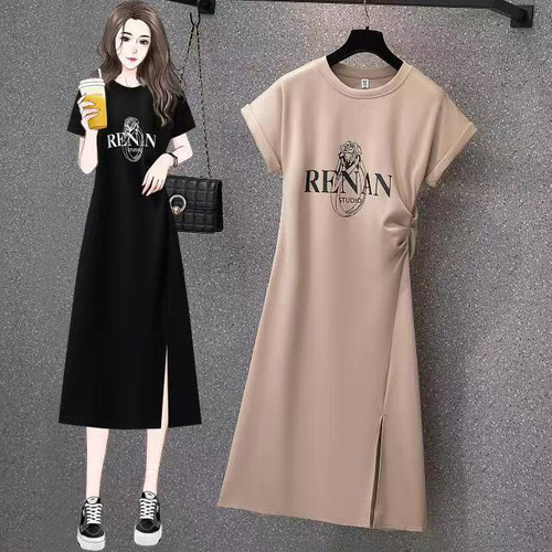 Women's Summer Dress for Plus Size, with Design Sense, Casual, Medium Long Length, Slit, Fitted, Slimming, Short-Sleeved Top and Skirt