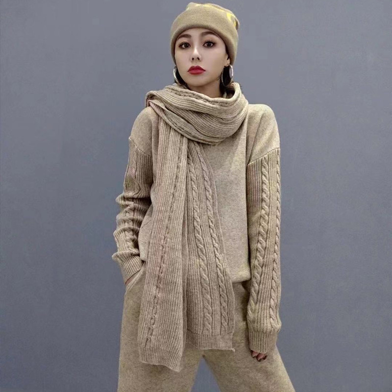Fashion Pink Knitted Sweater Scarf Trousers Suit
