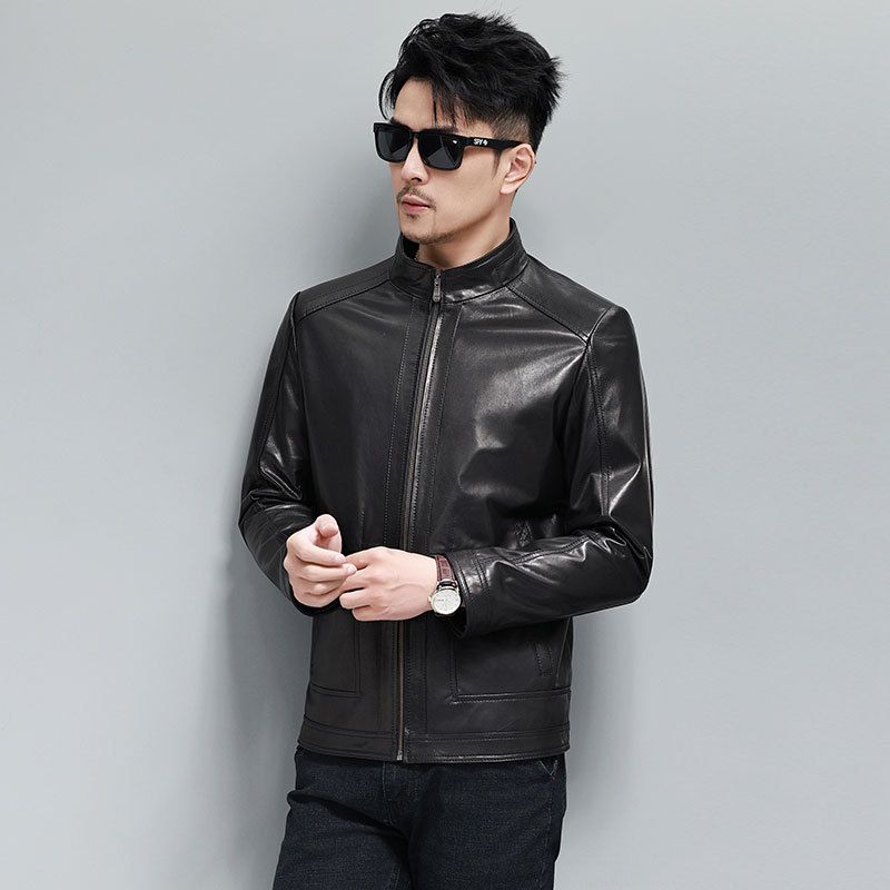 Leather Men's Jacket 2024 Autumn New Hong Kong-style Korean-style Fashionable Leather Leather Jacket with Vertical Collar Goat Leather Motorcycle