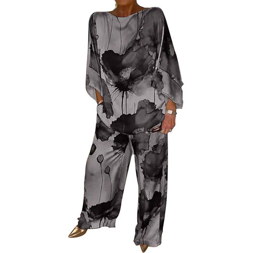 Independent station Spring European and American women's clothing temperament elegant floral bat sleeve wide-leg pants fashion set 661