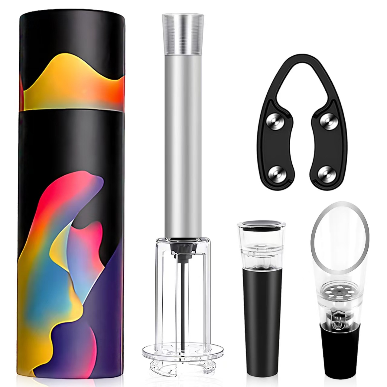 플라스틱 막대 알루미늄 헤드 실버 공기압 병따개 4개 세트(철 와인 푸어러) 드럼