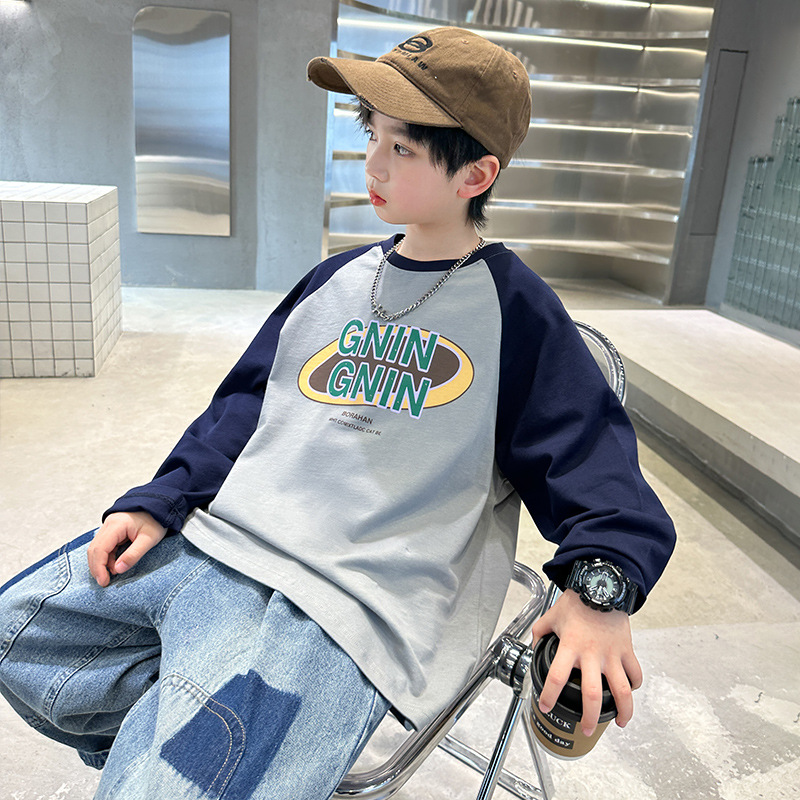 Boys' long sleeved T-shirt made of pure cotton 2024 new Korean version, Zhongda hoodie, children's spring and autumn top_voghion.com