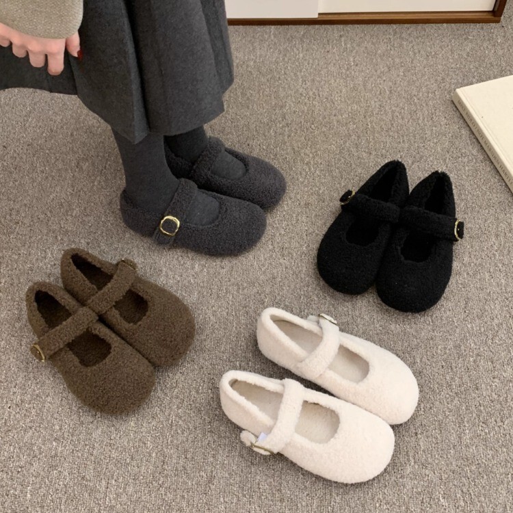 法式2025灰色毛毛鞋女冬外穿新款韩版包头女平底加绒保暖浅口棉鞋|undefined