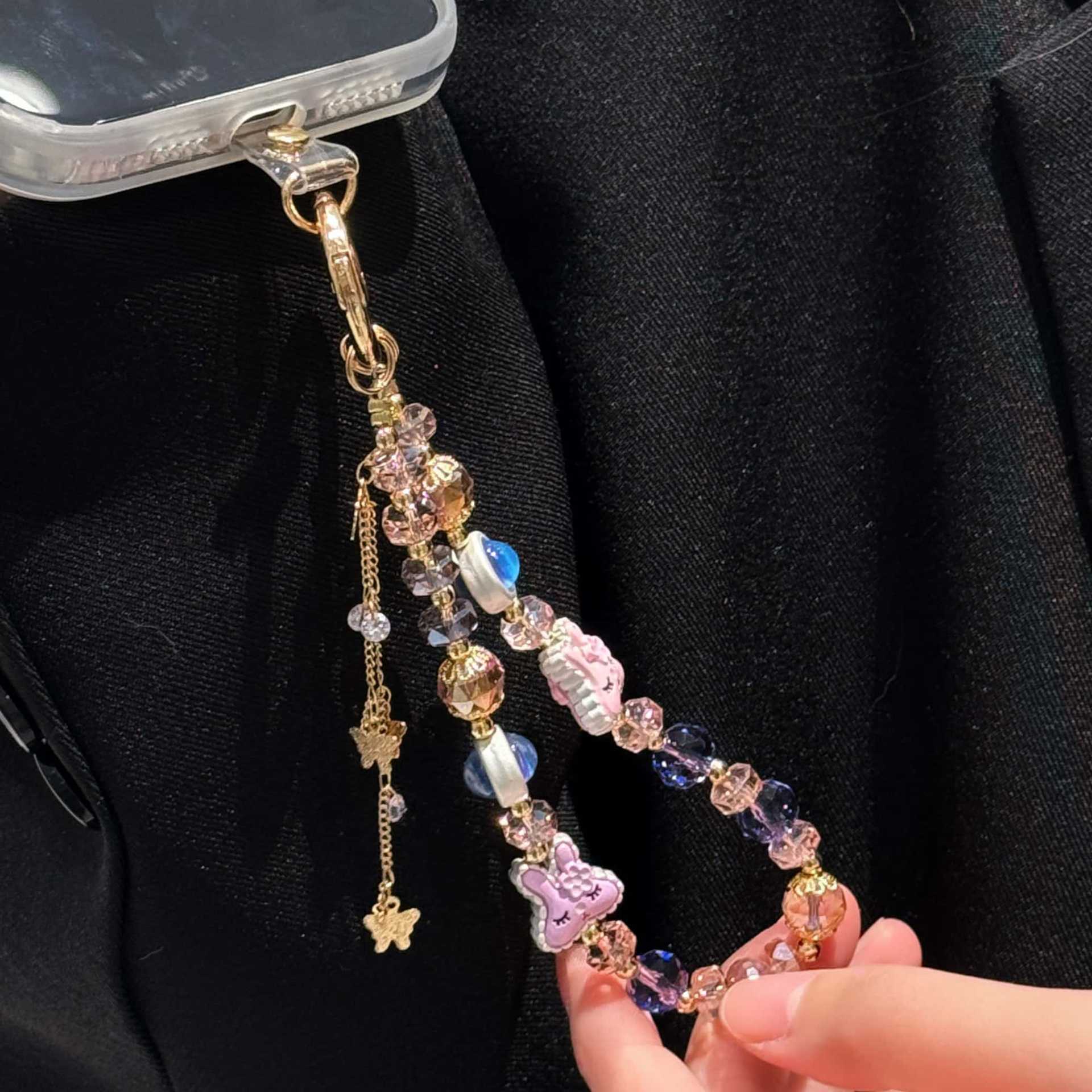 Hecha a mano y de alta calidad, colgante de teléfono móvil, pulsera de mariposa de conejo, pulsera de moda, colgante de teléfono móvil corto, pulsera corta