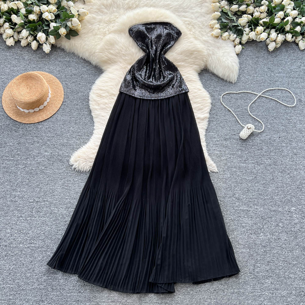 Carefully Selected Evening Dress for Female Celebrities, High-End Sleeveless Sequin Patchwork Waist Slimming Look Elegant Tube Top Dress Long