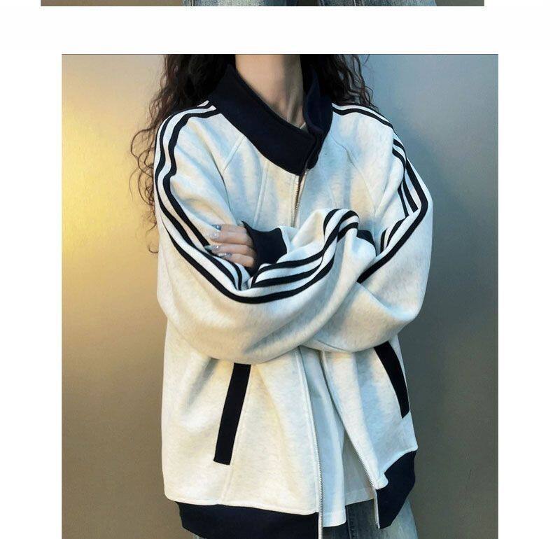Áo khoác hoodie nữ dáng rộng phong cách bóng chày tay dài phối màu, dài áo 50–65 cm — Màu xanh tím than, Trắng hoa xám chi tiết 8