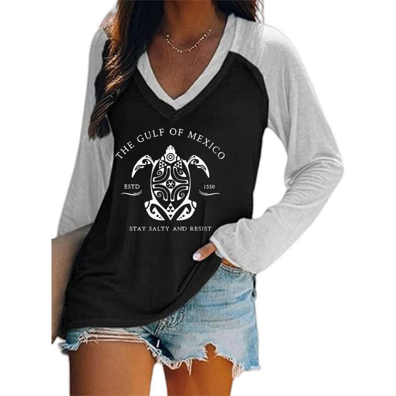 European and American 3D Digital Print Four-Color Heart-Shaped Greeting Versatile Fashion Women's V-Neck Long-Sleeve T-Shirt
