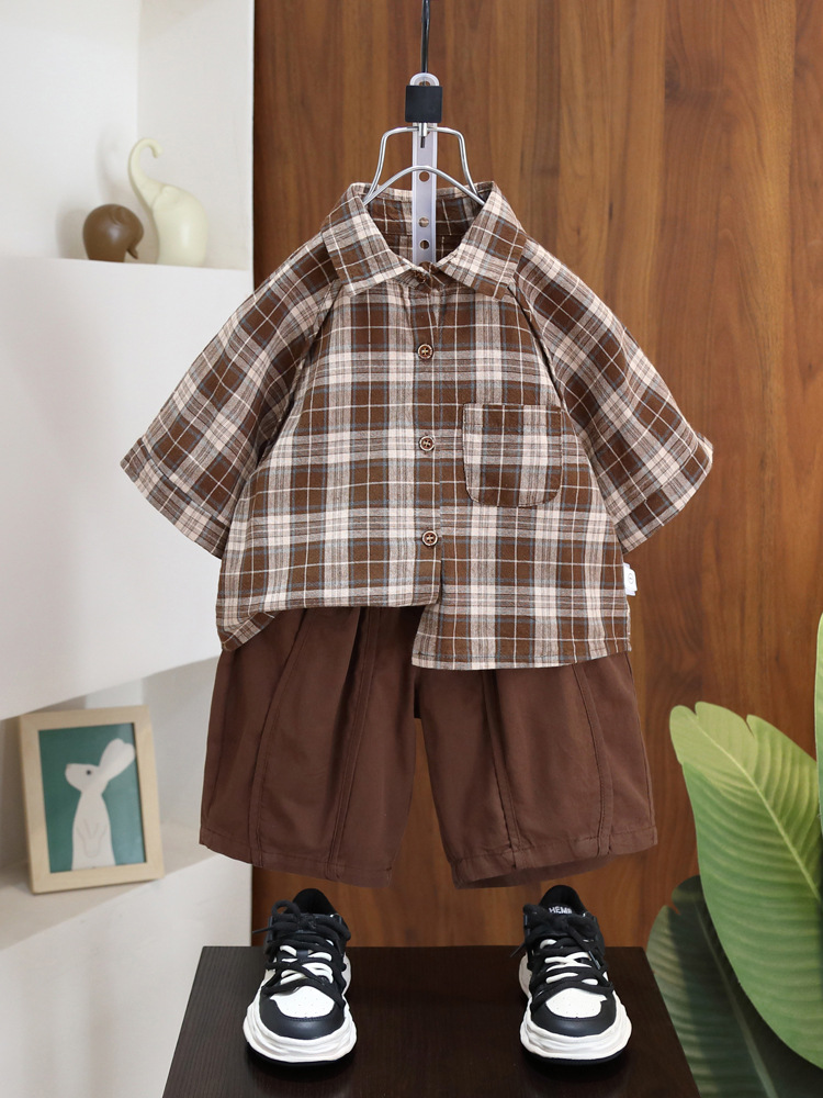 Camisa a cuadros de manga corta para niños 7240, ropa infantil, pantalones cortos holgados, pantalones cortos de verano 2026, nuevo estilo, pantalones cortos elegantes para bebé