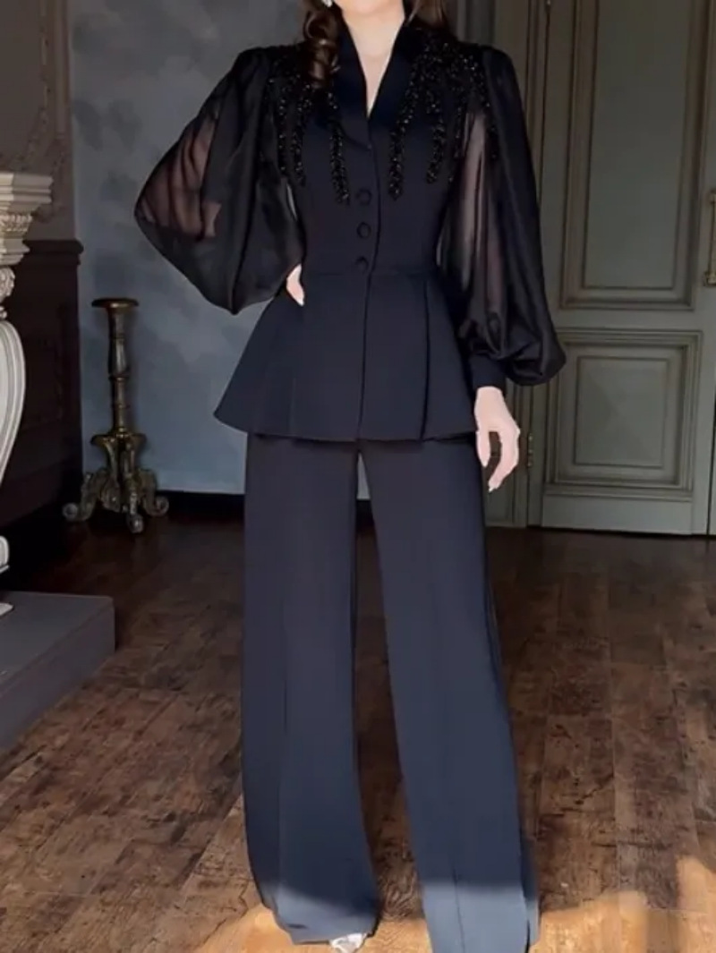 ​​Luxury Rhinestone Jumpsuit – Spring/Summer Elegant One-Piece Pantsuit With Puff Sleeves & High Waist For Women (Black)​​_ecoleips.com
