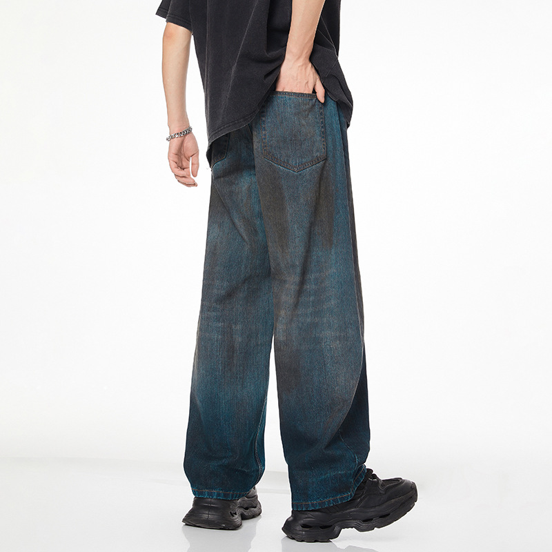 Men's high street wide leg mop pants trendy brand distressed dirty pants straight leg loose jeans_voghion.com