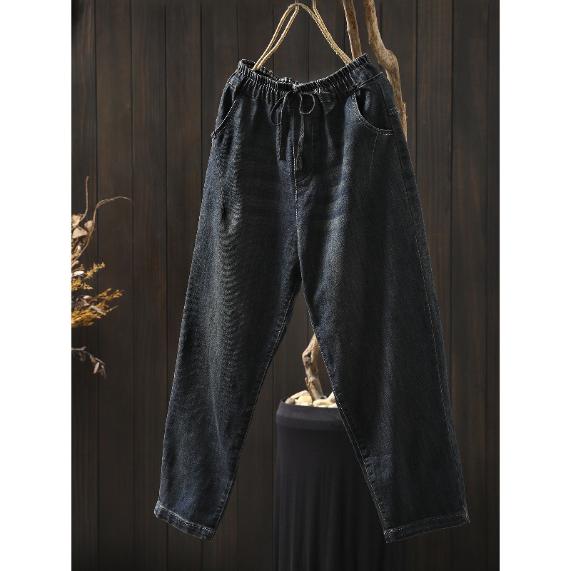 纯色全棉牛仔裤女2025秋季新款松紧腰刺绣口袋宽松显瘦哈伦裤长裤