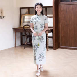 2026夏季新中式旗袍女 水墨印花长款收腰显瘦日常改良旗袍裙 批发