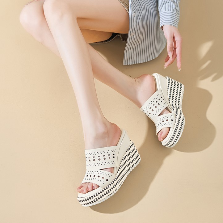 Sandal hở mũi nữ da bò cao cấp đế xuồng tăng chiều cao — màu đen, Trắng kem-, màu mơ