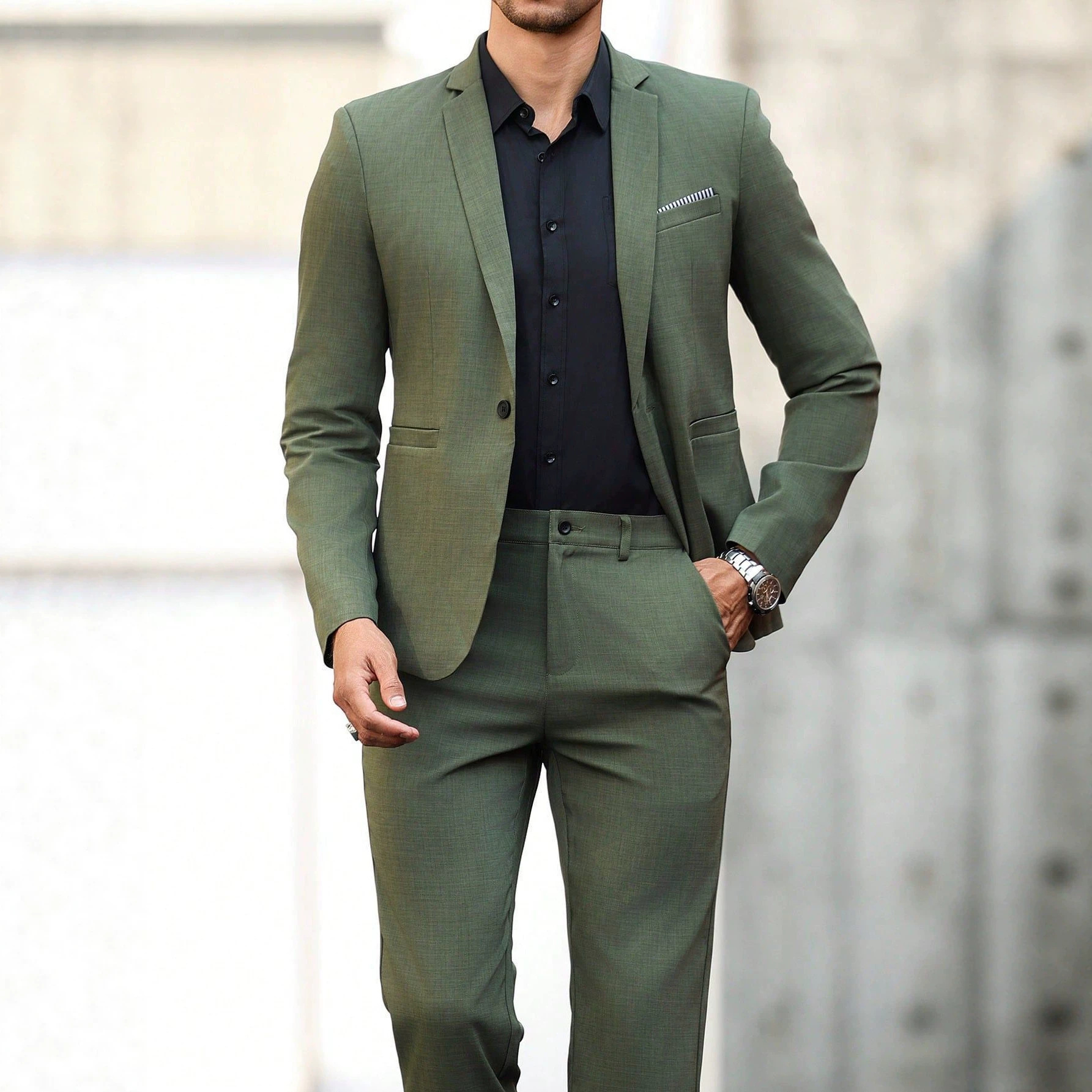 Men's Light Business Suit Set Dark Green Gentleman's Solid Color Style Fashion_voghion.com