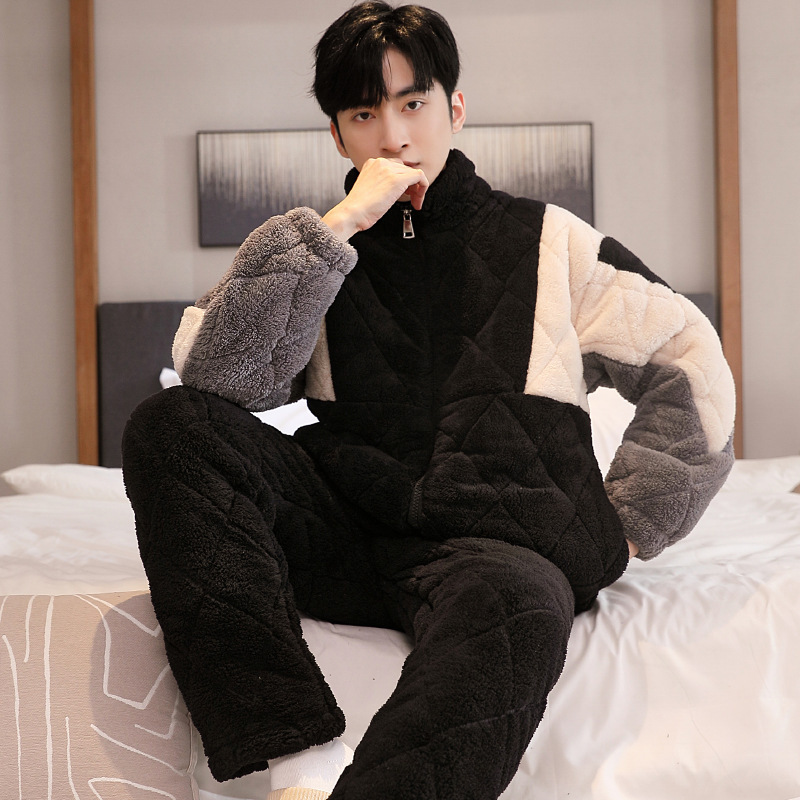 Thickened fleece-lined black and white gray stitching quilted pajamas men's winter winter warm leisure home clothes suit wholesale
