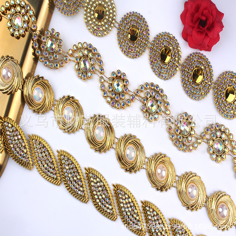 Wholesale In-Stock Plastic Colorful Electroplated Chains, Oil-Drip Gemstone Drill Chains, Single-Row Gold-Plated Clothing Accessory Chains