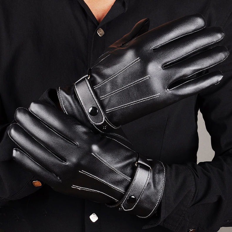 Winter men's three-line thermal gloves for cycling, velvet touch screen gloves, motorcycle thickened winter leather gloves, windproof