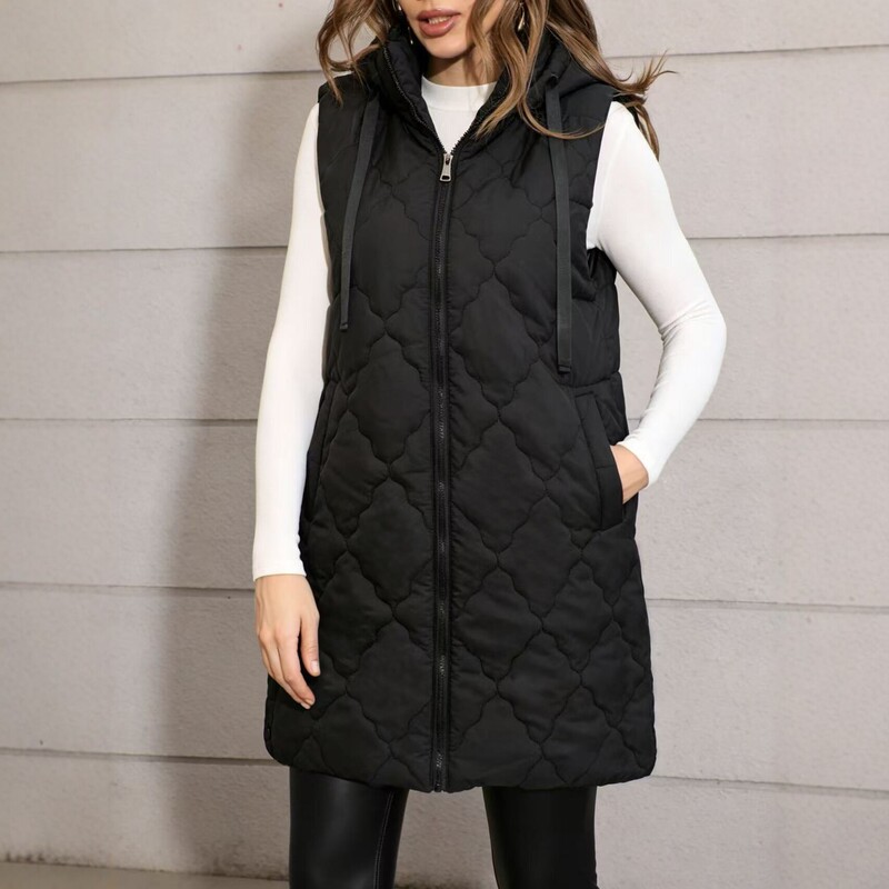 European and American Style Hooded Quilted Cotton Vest for Women, Mid-Length, Warm Sleeveless Jacket, 2026 New Fashion Versatile Model European and American Style Hooded Quilted Cotton Vest for Women, Mid-Length, Warm Sleeveless Jacket, 2026 New Fashion Versatile Model