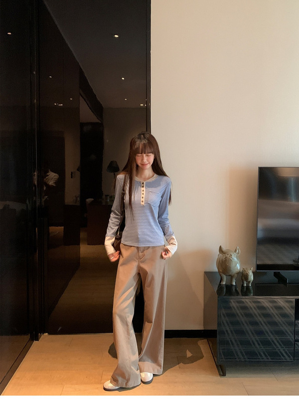 BELLA蓝色条纹假两件亨利领长袖t恤女秋季修身显瘦内搭打底衫上衣|undefined