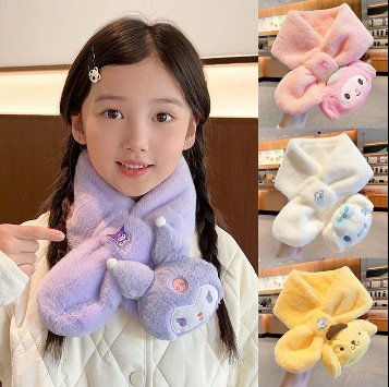 Sanrio children's scarf, girls' autumn and winter warm neck warmer, cartoon Kuromi plush cross-over neck protector, windproof neck gaiter