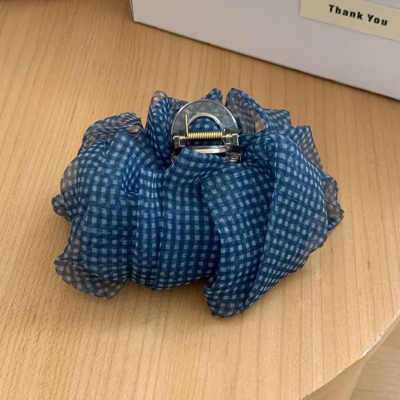 髪のボリュームを増やすブルーチェック柄バブルガーゼヘアクリップ、大きめシャーククリップ、メッシュクラウドプリーツヘアクリップ、女性用大腸リング|undefined